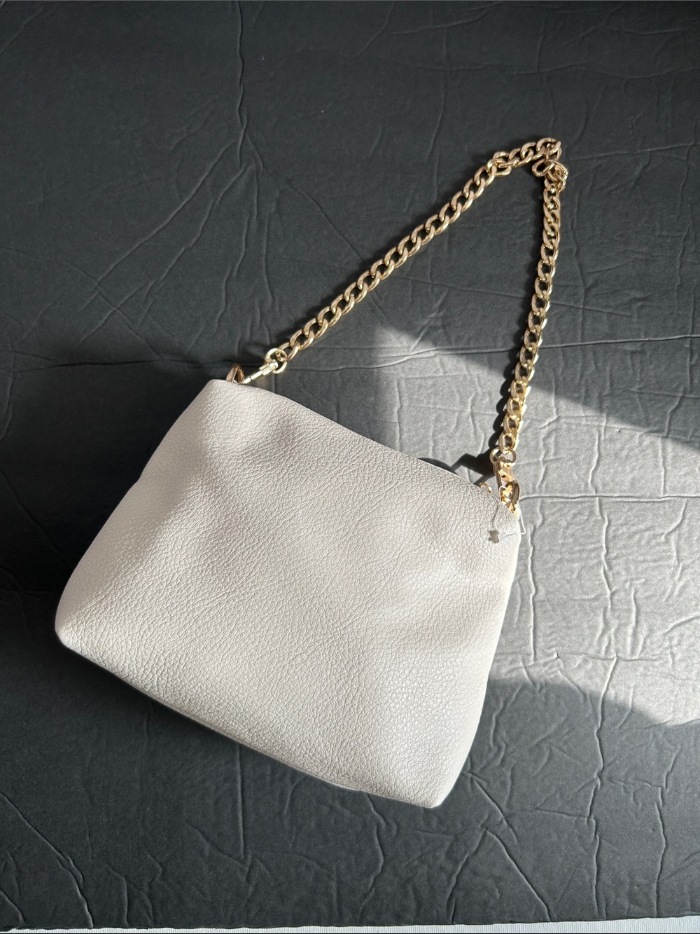 MMS Design Studio Cream Pebbled Faux Leather Small Clutch with Gold Chain